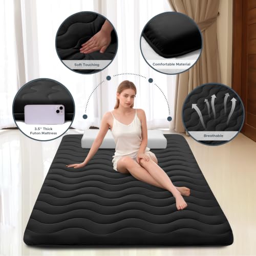 Japanese Floor Mattress Futon Full 3.5 Inch Thick Black - Foldable & Comfortable