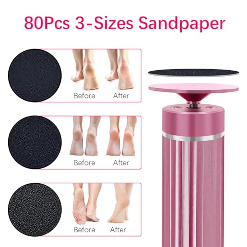 5.3'' Electric Foot Callus Remover with 80pcs Sandpaper Discs & Brush, Professional Aluminum Ergonomic Pedicure Tool, Stepless Speed & Reverse Control for Dead Skin Removal (Pink)