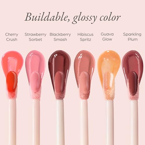 PÜR MINERALS Glossy Lip Tint & Lip Oil in Strawberry Sorbet – Hydrating & Plumping Lip Gloss, Vegan & Cruelty-Free, Soft Peach Nude