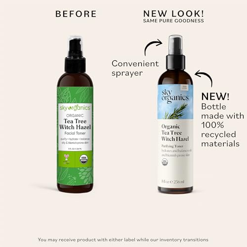 Sky Organics Organic Tea Tree & Witch Hazel for Face, Purifying Facial Toner to Hydrate, Soothe, Cleanse and Balance Blemish-Prone Skin, Helps Minimize The Appearance of Pores, 8 fl oz