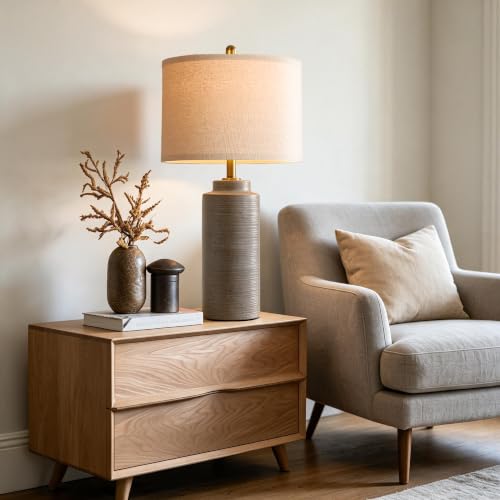 PARTPHONER 27" Greyish Brown Vintage Ceramic Table Lamp Set of 2 | Ribbed Texture, Brass Accents, Linen Shade