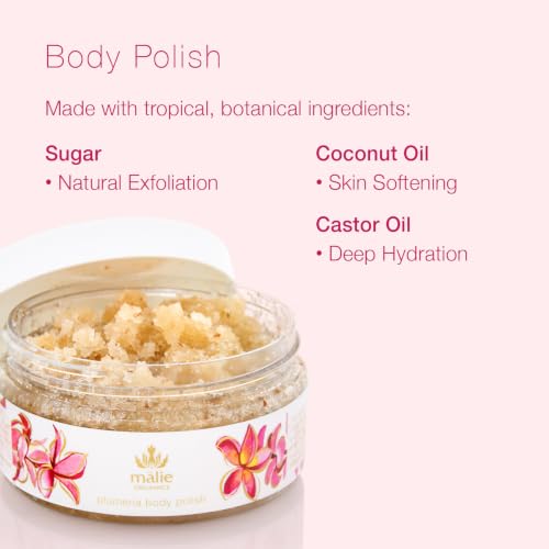 Mālie Organic Plumeria Scent Sugar Body Polish - Vegan Exfoliator 8 oz