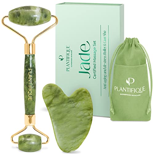 PLANTIFIQUE Jade Roller for Face and Gua Sha Facial Tools | Vitamin C Face Serum Anti Aging Massage with Peptides Collagen | Korean Skin Care Moisturizer