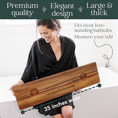 Nature Shed Premium 35-Inch Acacia Wood Bathtub Tray - Large, Adjustable, Anti-Tip Freestanding Caddy with Bathroom Accessories Holder