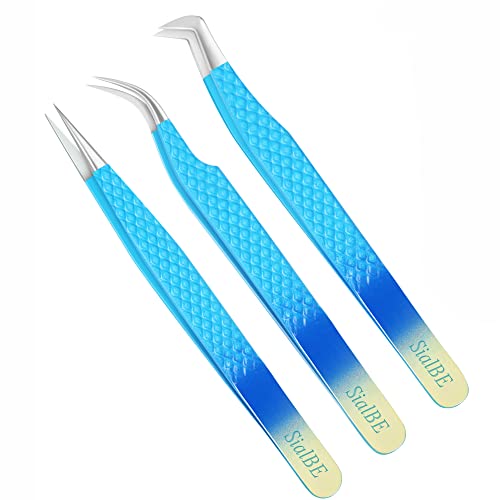 Eyelash Extension Tweezers-3 Pcs Diamond Grip Lash tweezers For Eyelash Extensions-SialBE Straight And Curved L-Shape Eyelash Tweezers, Tweezers For Eyelash Extensions With Silver Tip, Sam-333