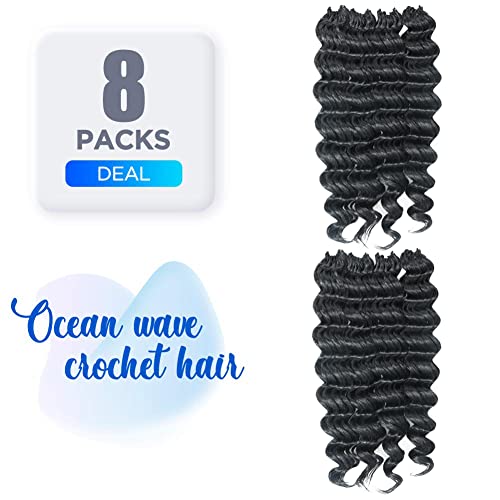 Ocean Wave Crochet Hair - 18 Inch 8 Packs Natural Black Deep Wave Synthetic Extensions - Variation 1B/18 Inch
