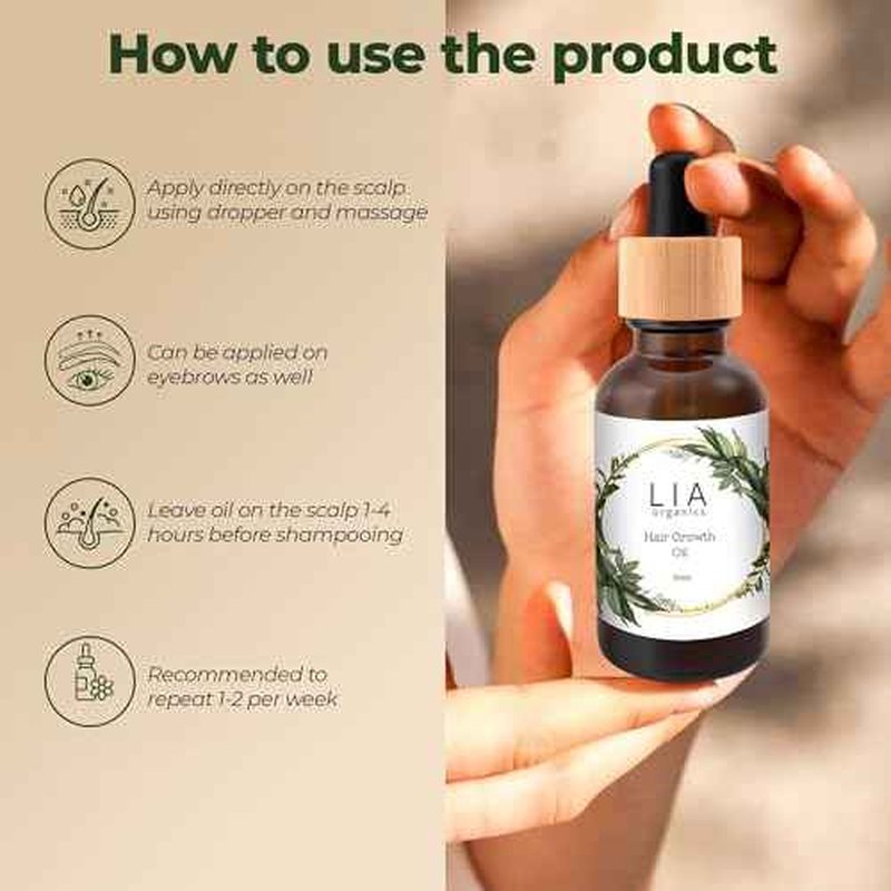 Lia Organics Hair Growth Oil - Organic, Vegan, cruelty free - Rosemary oil, castor oil, pumpkin seed oil, amla oil etc. For thick healthy hair, 1.70 Fl Oz (Pack of 1)