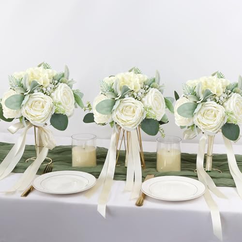 White-2 Set of 6 Bridesmaid Bouquets for Wedding - Ivory Silk Roses & Green Eucalyptus