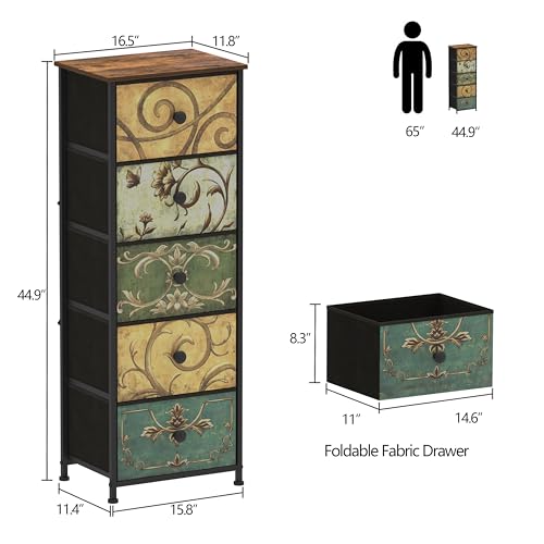 Small Dresser with Retro Flower Fabric Drawers – Multi, 5 Drawers, 11.8 x 16.5 x 45.5 Inches