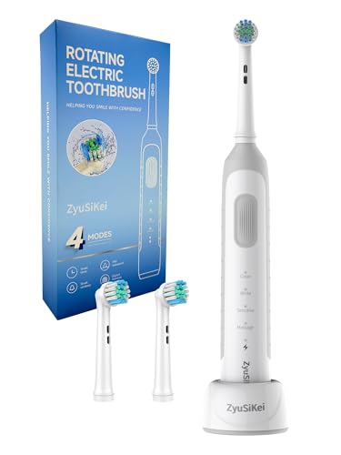 White Rotating Electric Toothbrush - Gentle on Gums, 4 Modes, Waterproof