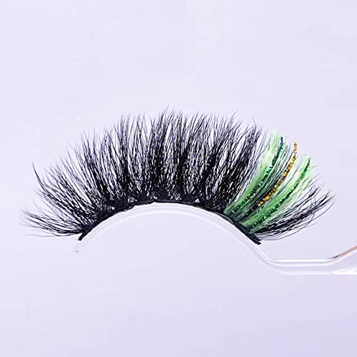 Black False Eyelashes with Green Glitter, 1 Pair Eye Lash Strip Color on the End Highlight, Fairy Black and Green Faux Mink Eyelash for Rave Party