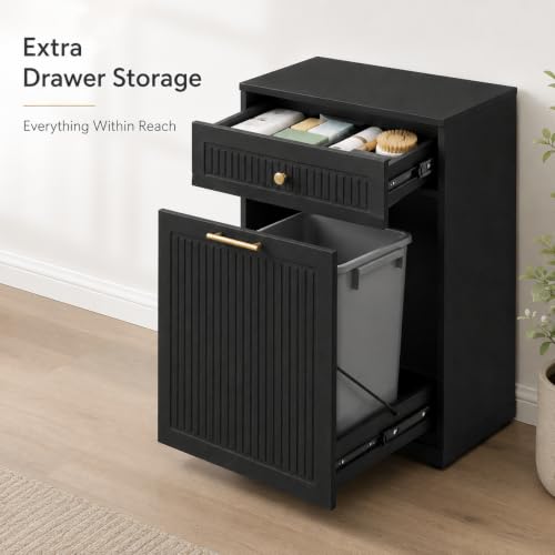 Black 13 Gallon Pull-Out Trash Can Cabinet with Drawer - Space Saver Kitchen Organizer