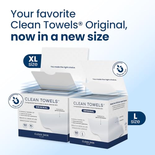 Clean Skin Club Clean Towels¢ç Large, 100% USDA Biobased Face Towel, Disposable Face Towelette, Eczema Association Accepted, Makeup Remover Dry Wipes, Ultra Soft, 1 Pack, 50 Ct