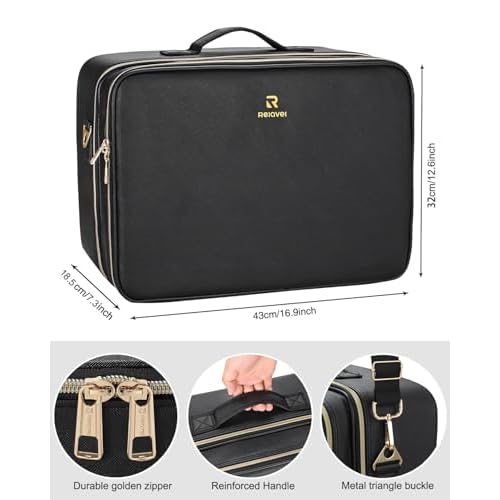 Relavel Extra Large Makeup Bag, Makeup Case Professional Makeup Artist Kit Train Case Travel Cosmetic Bag Brush Organizer, Waterproof Leather Material, with Adjustable Shoulder Straps and Dividers