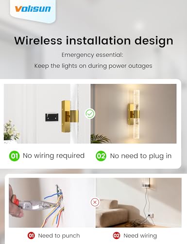 VOLISUN Gold Battery Operated Wall Sconces Set of 2 with Remote, Rechargeable Wireless Wall Lights for Living Room & Bedroom