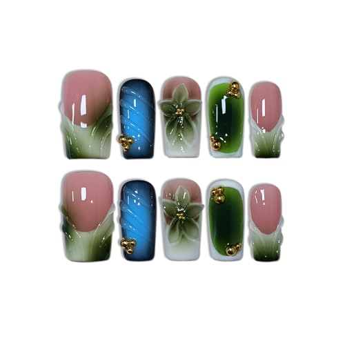 Glossy Handmade Press on Nails Medium Long Square - Icy French Green Blush 3D Floral Embossed Glossy False Nails for Women-Y2K Gradient Green Fake Nails for Winter Fall(L)