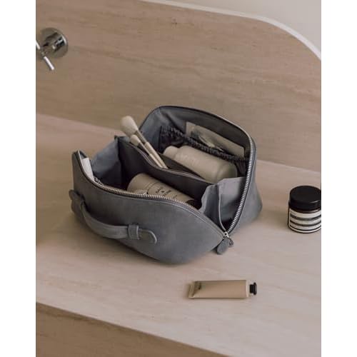 EACHY Leather Makeup Bag, Portable 180¡Æ Wide-Open Flat Cosmetic Bag for Women, Large Capacity Make Up Organizer Makeup Pouch with Divider and Handle