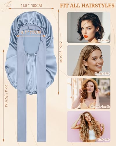 Mulberry Silk Bonnet for Long Hair - Sleeping Women & Kids, Haze Blue