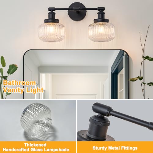 Black Round 2-Light Bathroom Vanity Light Fixture with Ribbed Glass Shades - Vintage Industrial Style