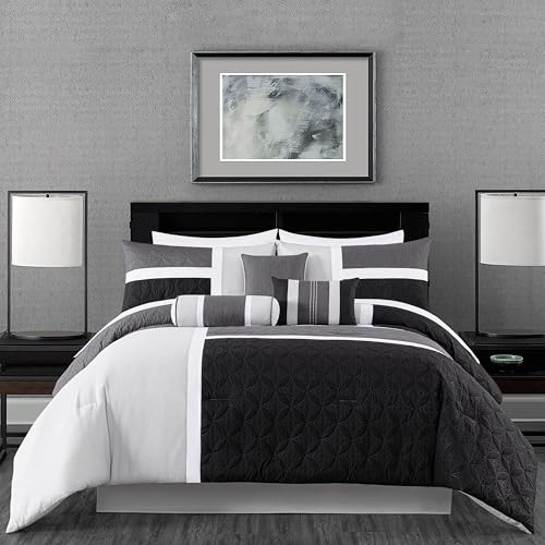 Chezmoi Collection Upland 7-Piece Quilted Patchwork Comforter Set Queen Black Gray Light Gray