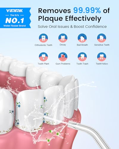 VIMMK White Water Flosser - Cordless Oral Irrigator with 9 Tips, 5 Modes, 300ML Waterproof Battery Operated for Travel & Home