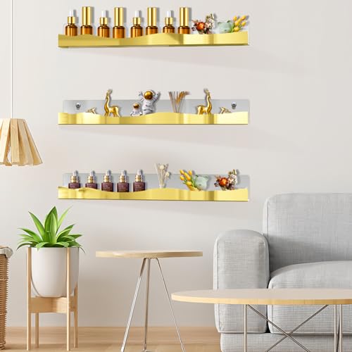 Gold Mirror Nail Polish Wall Rack - 6 Pack, 15 Inch Acrylic Shelves with Variation