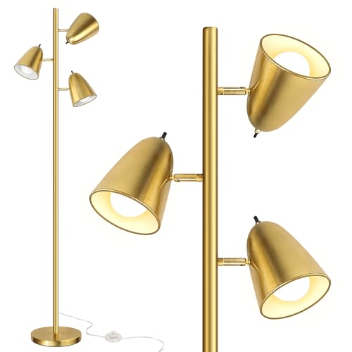 Brushed Gold Tree Floor Lamp with 3 Adjustable Arms & LED Bulbs - Tall Standing Reading Light