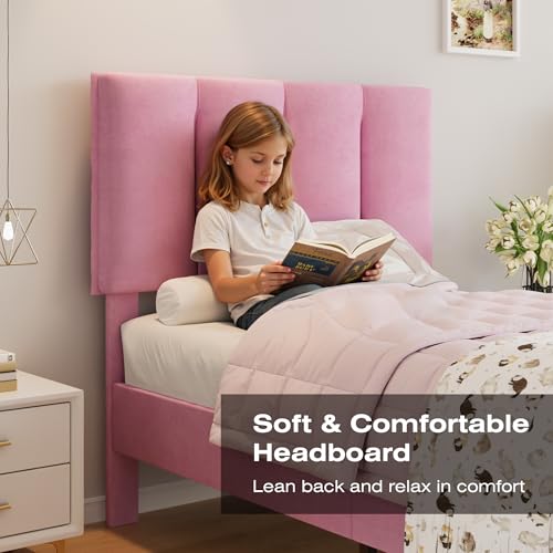 VECELO Twin Size Platform Bed Frame with Upholstered Pink Velvet Headboard - Easy Assembly
