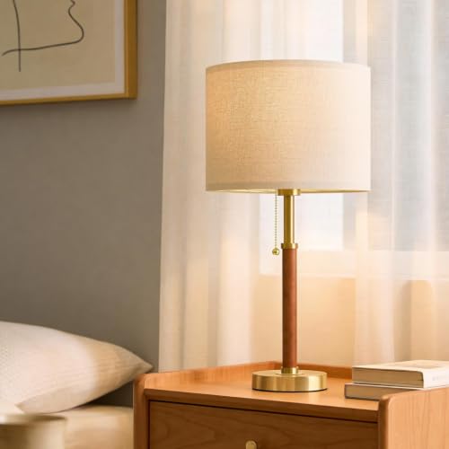 Mid Century Modern Wood & Gold Table Lamp - 22 Inch Nightstand Lamp for Bedroom & Living Room