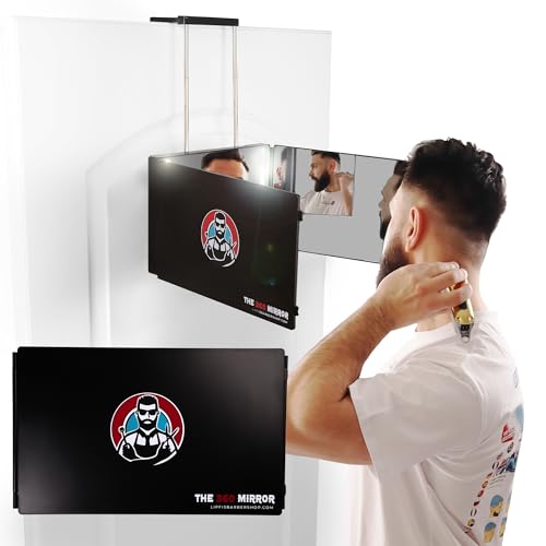 The 360 Mirror - 3 Way Mirror for Self Hair Cutting - Adjustable Trifold Barber Mirro to Cut Your Own Hair - Tri Fold Self Haircut System for Men - Three Sided Mirro for Haircuts (With LED)