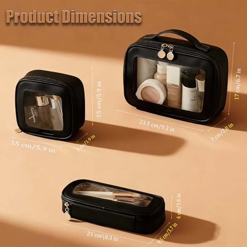 2 Complete Sets of 3-Size Makeup Bags | Premium Transparent & Waterproof Cosmetic Organizer Storage Bag | Travel Toiletry & Skincare Storage Set (Black, L+M+S+MakeupBrushes)