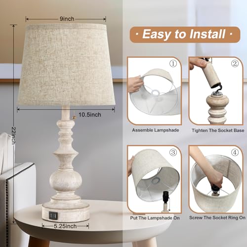 22-Inch White Farmhouse Table Lamps Set of 2 with USB Charging Ports - Nightstand Side Lamps for Bedroom & Living Room