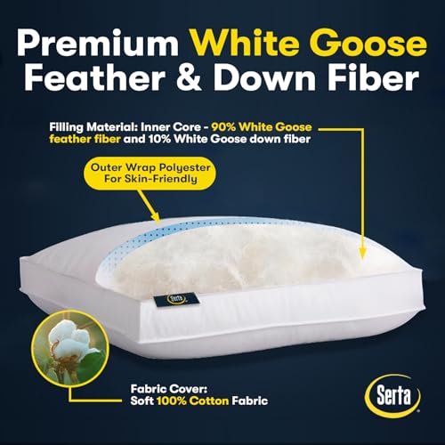 White Serta Hotel Collection Queen Pillows Set of 2 - Soft Support, Breathable Cotton