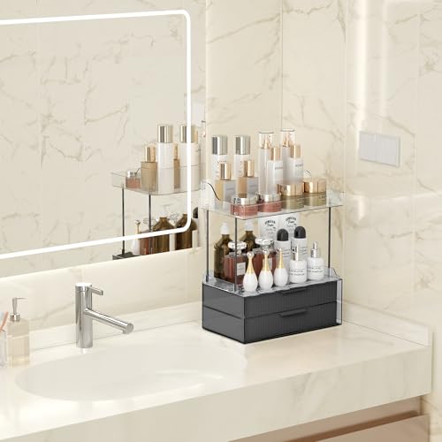 Bathroom Countertop Organizer with 2-Drawer, Large 3 Tier Makeup Organizer for Vanity, Multi-Purpose Makeup Skin Care Organizer for Vanity, Black