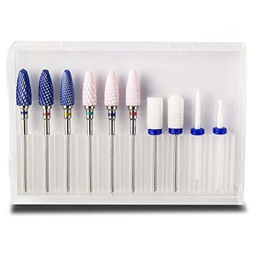 Feecy Nail Drill Bits Set Ceramic for Acrylic Nails Gel Polish Professional, 3/32 Inch Efile Nail Drill Bits Kit for Cuticle Safety Barrel Nail Art Tools with Holder, 10pcs (S10-B)