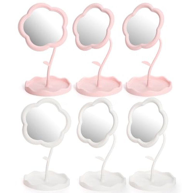 6 Pieces Flower Shaped Mirror, Multi-Angle Adjustable Spa Party Makeup Mirror, Compact Table Vanity Mirror with Jewelry Tray for Home Decor Sleepover Party Aesthetic Gift