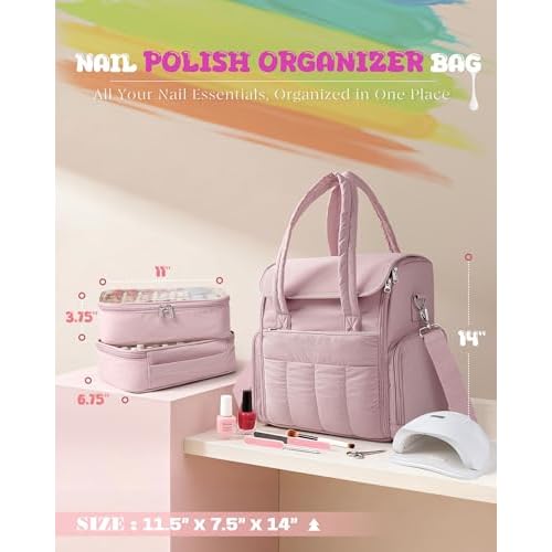 Nail Polish Organizer Bag Holds 70 Bottles and Nail Lamp, Nail Polish Storage Case with 2 Removable Bags and Multiple Pockets, Pink