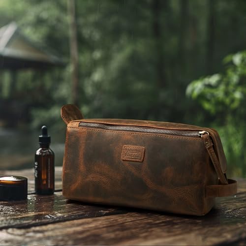 LEATHER VILLAGE Genuine Leather Travel Toiletry Bag - Water-Resistant Dopp Kit for Toiletries, Large Shaving Bag & Bathroom Organizer - Gift for Men & Women - Rustic Brown