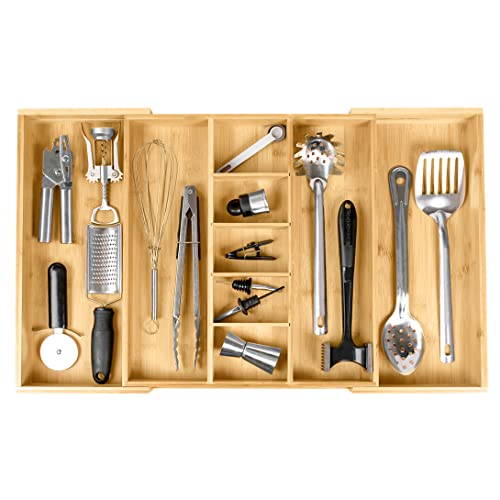KitchenEdge Bamboo Drawer Organizer - Adjustable 16-28 Inch Kitchen Utensil Tray
