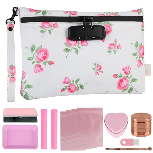 Pink Rose Travel Pouch - Waterproof with Combination Lock, 8 Accessories and Gift Box