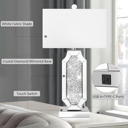 Hamucd Silver 3-Way Dimmable Touch Bedside Table Lamps Set of 2 with USB-A+C Ports