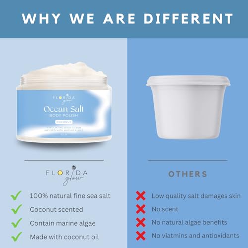 Sea Salt Body Scrub by Florida Suncare - Ocean Salt Body Polish Infused with Marine Algae - Exfoliating Face and Body Scrub - Facial Scrub Exfoliator to Tackle Acne (Coconut, 3.3 oz)