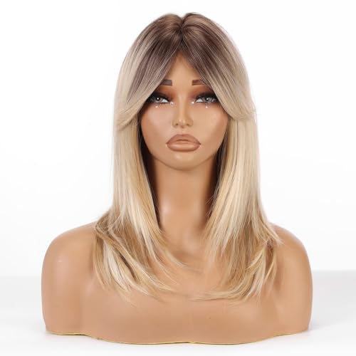 Allbell Mixed Blonde Curtain Bangs Wig - Medium Length Layered Synthetic Hair