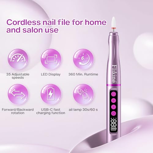 Cordless Nail Drill with UV NailLamp ? 2-in-1 Rechargeable Electric Nail File & Flash Curing Lamp, 35000 RPM for Gel, Acrylic, Dip Powder Nails (Rose Gold)