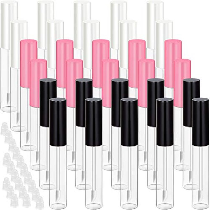 Blulu 30 Pcs 10 ml Lip Gloss Tubes Bulk Empty Refillable Lip Balm Bottle Clear Plastic Gloss Container Reusable Lipstick Bottle with Rubber Insert for Women DIY Lipgloss Cosmetics(Pink, Black, White)