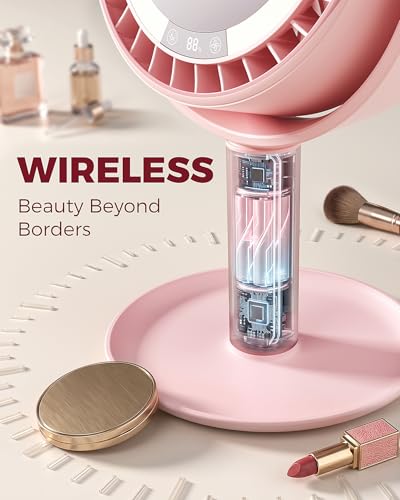 Pink 3-in-1 Makeup Fan with Mirror & LED Light, Face Cooling Fan for Skincare & Lash