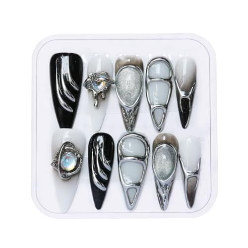 Press on Nails Handmade Nails Luxury Reusable Fake Nails For Girls long Almond Armor Tip Black Silver Diamonds HandPainted Salon Loveful Design Acrylic GelUV Finished 3DNails 10PCS(A70, S)