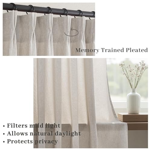 Drapenova 72W x 96L Oatmeal Linen Pleated Semi Sheer Curtains - 2 Panels