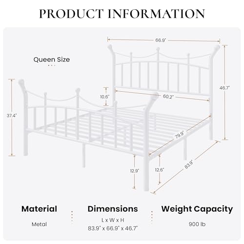 Queen Size Metal Bed Frame with Crown Design - White, Victorian Style, No Box Spring Needed, Sturdy Steel Support, Under-Bed Storage
