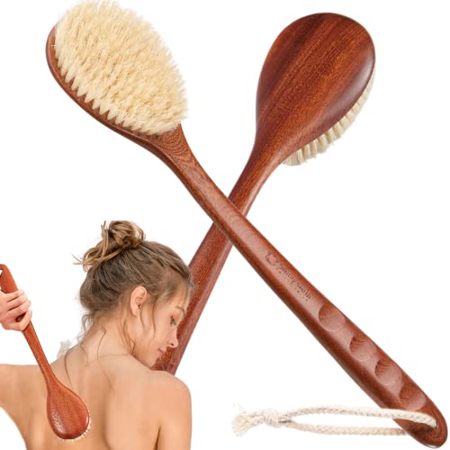 Dry Body Brush with Long Wooden Handle for Exfoliation & Back Scrubbing - Natural Boar Bristles